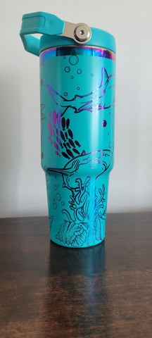 Sharks, Under the sea, Ocean teal and rainbow Laser Engraved 30oz Double Wall Insulated Tumbler Custom Seamless Tumbler