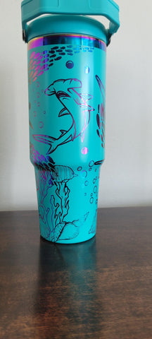 Sharks, Under the sea, Ocean teal and rainbow Laser Engraved 30oz Double Wall Insulated Tumbler Custom Seamless Tumbler