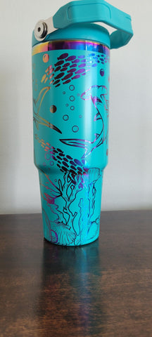 Sharks, Under the sea, Ocean teal and rainbow Laser Engraved 30oz Double Wall Insulated Tumbler Custom Seamless Tumbler