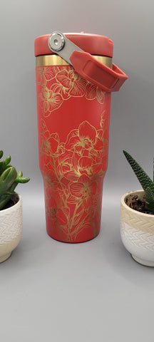 Orchids, flowers, floral red with gold Laser Engraved 30oz Double Wall Insulated Tumbler Custom Seamless Tumbler