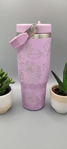 Dahlias,  flowers, floral tumbler, Laser Engraved 30oz Double Wall Insulated Tumbler