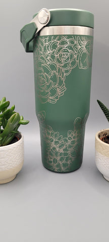 Succulents,  cactus, flowers, floral tumbler, Laser Engraved 30oz Double Wall Insulated Tumbler