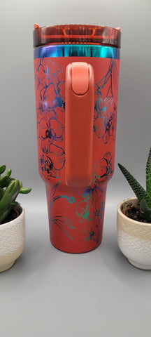 Orchids, flowers red and green blue 40oz Double Wall Insulated Tumbler with Handles Gift for mom, sister