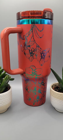 Orchids, flowers red and green blue 40oz Double Wall Insulated Tumbler with Handles Gift for mom, sister