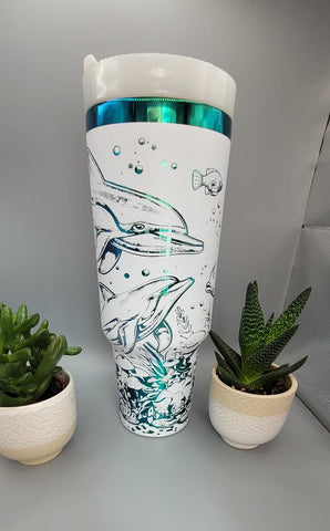 Dolphins, under the Sea, Ocean theme white and green blue  40oz Double Wall Insulated Tumbler with Handles Gift for mom, sister