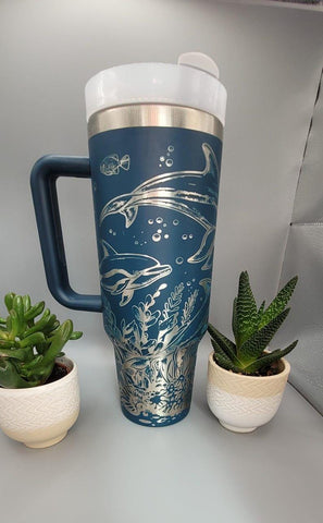 Dolphins, under the sea, Ocean lover fish 40oz Double Wall Insulated Tumbler with Handles Gift for mom, Granny, sister, Niece