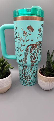 Horse and flowers, Horse Lover, Horseriding  Teal and copper 40oz Double Wall Insulated Tumbler with Handles Gift for mom, sister