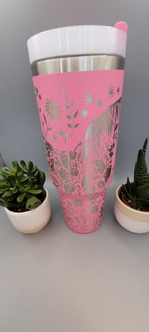 hot Pink Horse Floral 40oz Double Wall Insulated Tumbler with Handles Gift for mom, Granny, sister,horse Lover