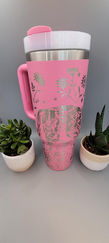 hot Pink Horse Floral 40oz Double Wall Insulated Tumbler with Handles Gift for mom, Granny, sister,horse Lover