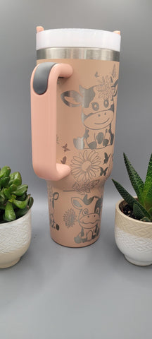 Cute Cow, Farm yard, Floral 40oz Double Wall Insulated Tumbler with Handles Gift for mom, Granny, sister, Niece