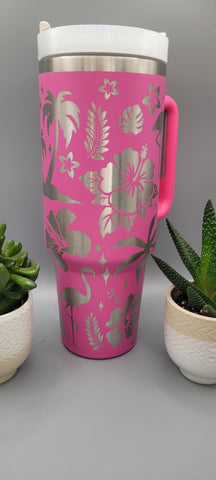 Flamingo, Hibiscus, Hawaii  40oz Double Wall Insulated Tumbler with Handles Gift for mom, Granny, sister, Niece