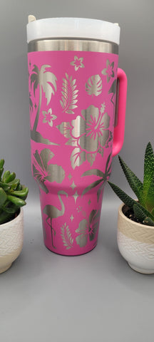 Flamingo, Hibiscus, Hawaii  40oz Double Wall Insulated Tumbler with Handles Gift for mom, Granny, sister, Niece