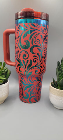 Red Mystic  Paisley, Tooled Leather gift 40oz Double Wall Insulated Tumbler with Handles Gift for mom, Granny, sister, Niece