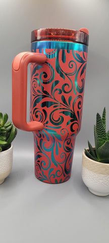 Red Mystic  Paisley, Tooled Leather gift 40oz Double Wall Insulated Tumbler with Handles Gift for mom, Granny, sister, Niece