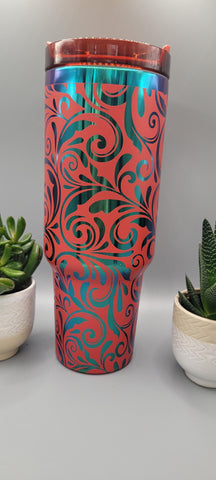 Red Mystic  Paisley, Tooled Leather gift 40oz Double Wall Insulated Tumbler with Handles Gift for mom, Granny, sister, Niece