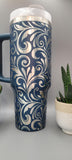 Tooled Leather  Paisley, Boho 40oz Double Wall Insulated Tumbler with Handles Gift for mom, Granny, sister, Niece