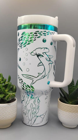 Sharks, hammerhead, great white, under the sea White and green blue 40oz Double Wall Insulated Tumbler with Handles Gift for mom, sister