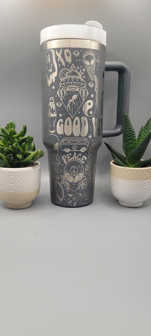 Peace, Hippy, good vibes, Love, Aliens 40oz Double Wall Insulated Tumbler with Handles Gift for mom, Granny, sister, Niece