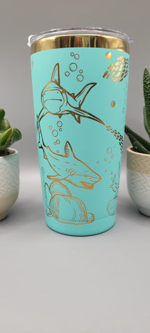 Sharks teal and gold Travel mug, Laser Engraved 20oz Double Wall Insulated Tumbler Travel mug, Seamless Tumbler