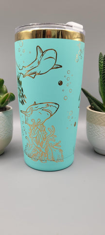 Sharks teal and gold Travel mug, Laser Engraved 20oz Double Wall Insulated Tumbler Travel mug, Seamless Tumbler