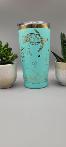 Turtles and octopus, Ocean teal and gold Travel mug, Laser Engraved 20oz Double Wall Insulated Tumbler Travel mug, Seamless Tumbler