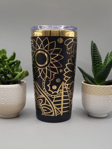 Paisley Black and gold Travel mug, Laser Engraved 20oz Double Wall Insulated Tumbler Travel mug, Seamless Tumbler