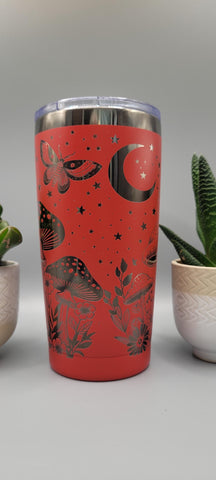 Moonlight Moths and Mushrooms - Red and Gunmetal Travel mug, Laser Engraved 20oz Double Wall Insulated Tumbler Travel mug, Seamless Tumbler