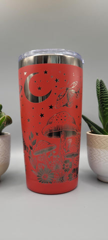 Moonlight Moths and Mushrooms - Red and Gunmetal Travel mug, Laser Engraved 20oz Double Wall Insulated Tumbler Travel mug, Seamless Tumbler