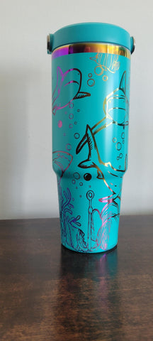 Sharks, Under the sea, Ocean teal and rainbow Laser Engraved 30oz Double Wall Insulated Tumbler Custom Seamless Tumbler