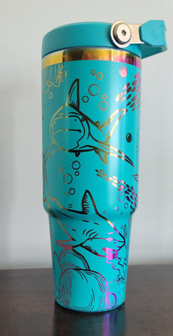 Sharks, Under the sea, Ocean teal and rainbow Laser Engraved 30oz Double Wall Insulated Tumbler Custom Seamless Tumbler