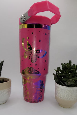 Moonlight moths, Retro, Boho, Pink and rainbow Laser Engraved 30oz Double Wall Insulated Tumbler Custom Seamless Tumbler