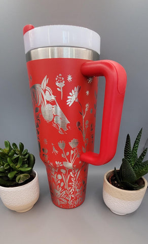 Red Horse Floral 40oz Double Wall Insulated Tumbler with Handles Gift for mom, Granny, sister,horse Lover