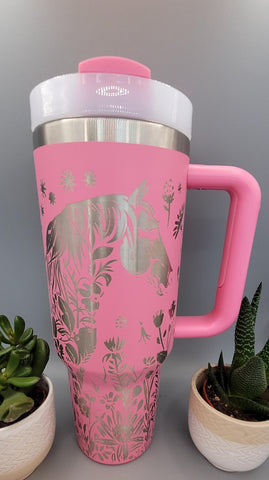 hot Pink Horse Floral 40oz Double Wall Insulated Tumbler with Handles Gift for mom, Granny, sister,horse Lover