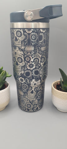 Halloween,  sugar skulls, Tattoo  tumbler, Laser Engraved 30oz Double Wall Insulated Tumbler