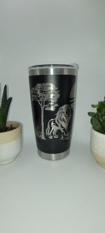 Lion, African sunset, Safari Scene Laser Engraved Custom Seamless 20oz Double Wall Insulated Tumbler Travel mug