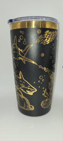 Sharks, Under the ocean, Beach, Sea black and gold Laser Engraved 20oz Double Wall Insulated Tumbler Travel mug, Tumbler