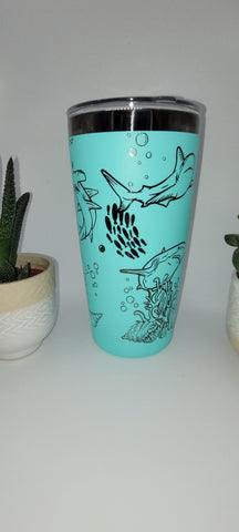 sharks, Ocean, Under the Sea, Teal and black Laser Engraved 20oz Double Wall Insulated Tumbler Travel mug,Tumbler