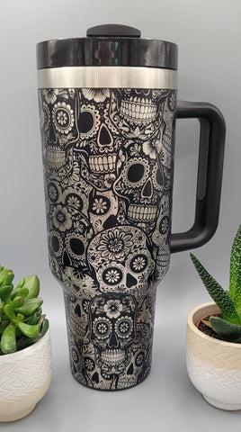 Sugar skills, Halloween, skulls, tattoo 40oz Double Wall Insulated Tumbler with Handles Gift for mom, Granny, sister, Niece