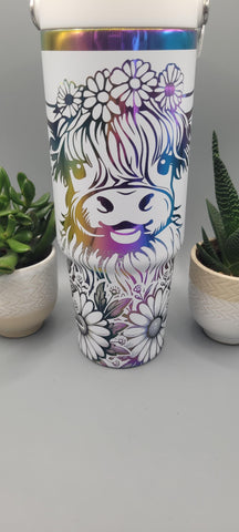 Cute cow, highland cow, white and rainbow Laser Engraved 30oz Double Wall Insulated Tumbler Custom Seamless Tumbler