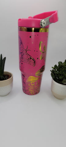 Moonlight moths, Retro, Boho, Pink and rainbow Laser Engraved 30oz Double Wall Insulated Tumbler Custom Seamless Tumbler