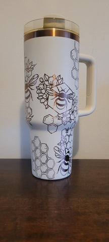 Bumble Bees, Honey bees cream and copper 40oz Double Wall Insulated Tumbler with Handles Gift for mom, sister