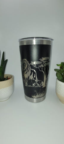 Lion, African sunset, Safari Scene Laser Engraved Custom Seamless 20oz Double Wall Insulated Tumbler Travel mug