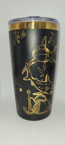 Sharks, Under the ocean, Beach, Sea black and gold Laser Engraved 20oz Double Wall Insulated Tumbler Travel mug, Tumbler