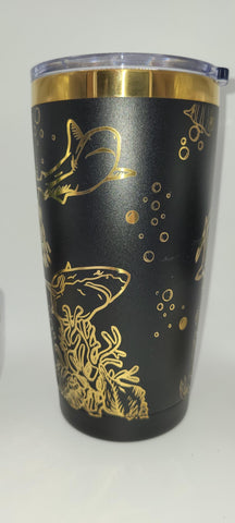 Sharks, Under the ocean, Beach, Sea black and gold Laser Engraved 20oz Double Wall Insulated Tumbler Travel mug, Tumbler