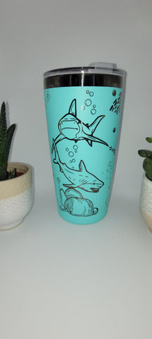 sharks, Ocean, Under the Sea, Teal and black Laser Engraved 20oz Double Wall Insulated Tumbler Travel mug,Tumbler