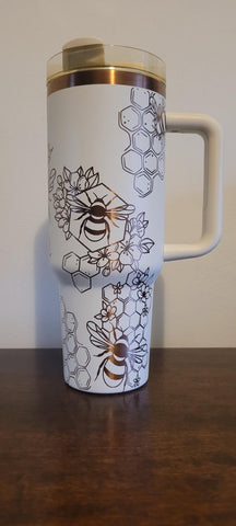 Bumble Bees, Honey bees cream and copper 40oz Double Wall Insulated Tumbler with Handles Gift for mom, sister